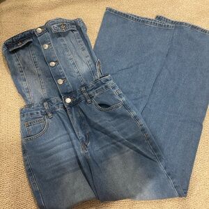 SHEIN ICON front pocket button front tube denim jumpsuit